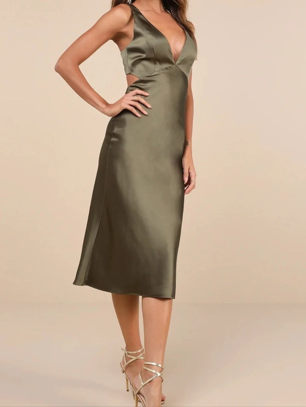 Lulus Unmatched Elegance Olive Satin Sleeveless Open-Back Midi Dress - Medium